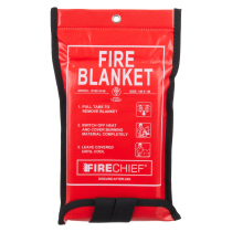 A red fire blanket with white labelling and black trim