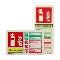 portrait and landscape signs showing the types of fire a wet chemical extinguisher can be used on