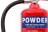 A red powder fire extinguisher with a blue label